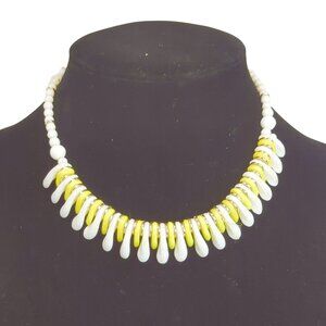 Vintage German White & Yellow Glass Drip Beaded Necklace With Gold Accents 17In